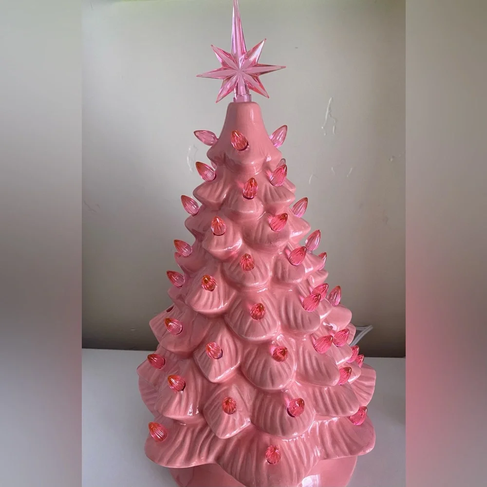 Pink Ceramic Christmas Tree Light Pre-Lit Tree Star Mid Century Vintage Kitschy